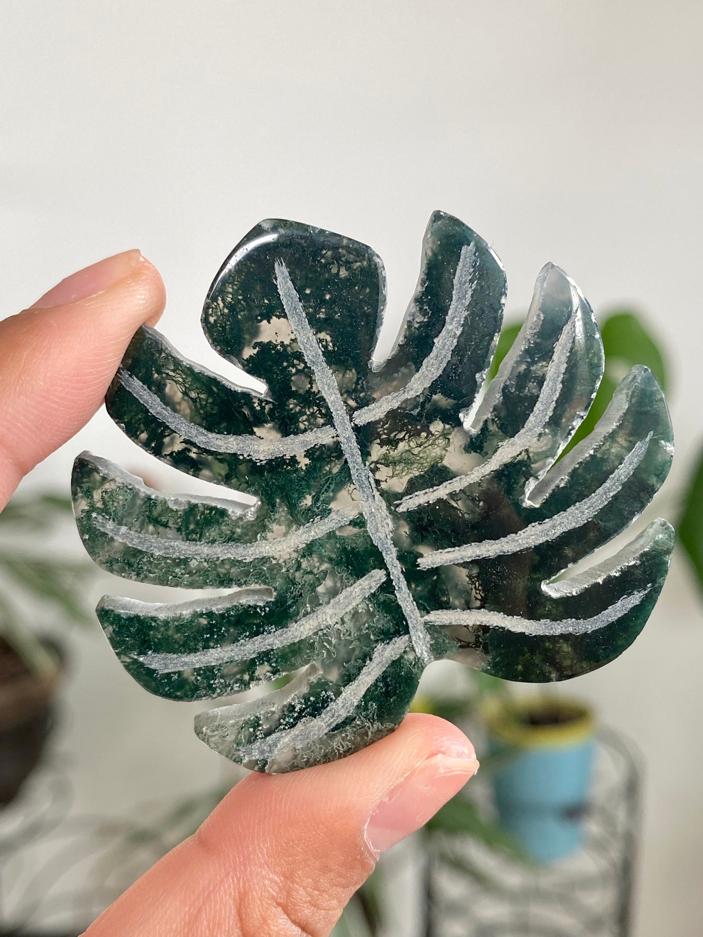 Moss Agate Monstera Leaf Carvings