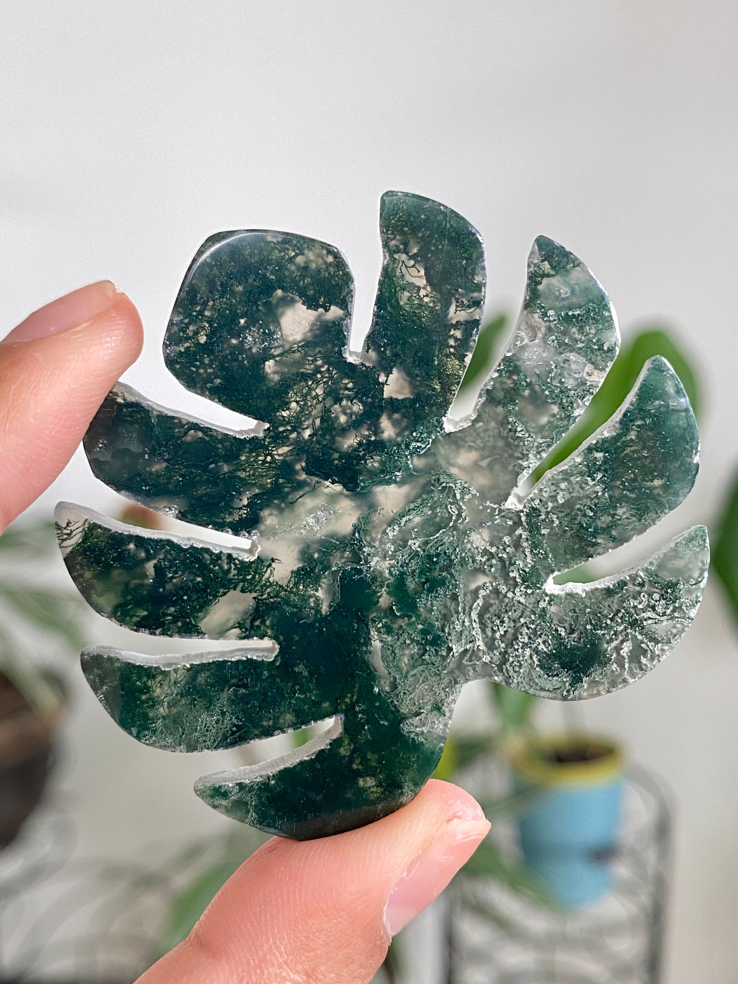 Moss Agate Monstera Leaf Carvings